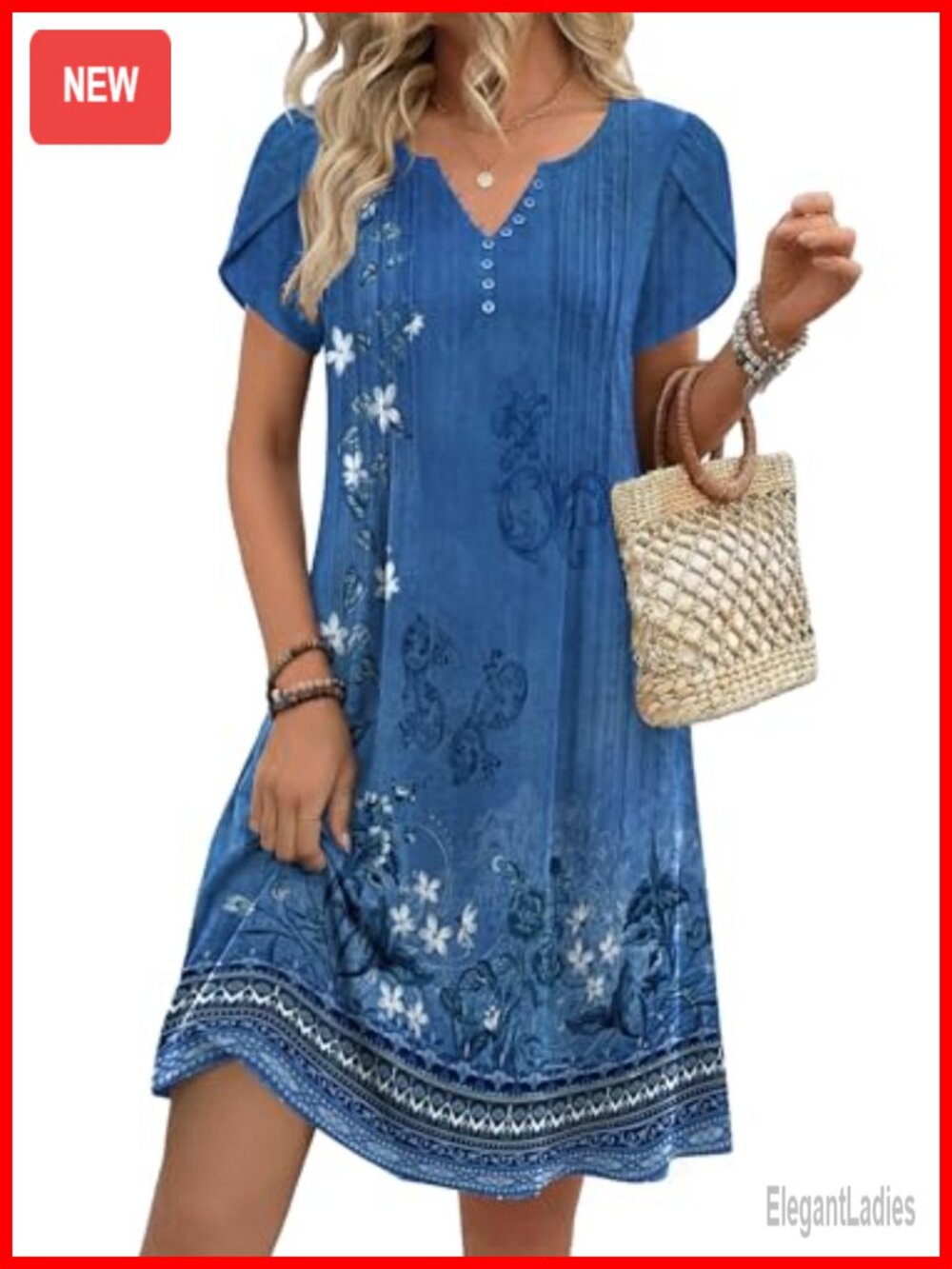 Zeagoo Womens Casual Floral V-Neck A-Line Tshirt Dress with Pockets Short
